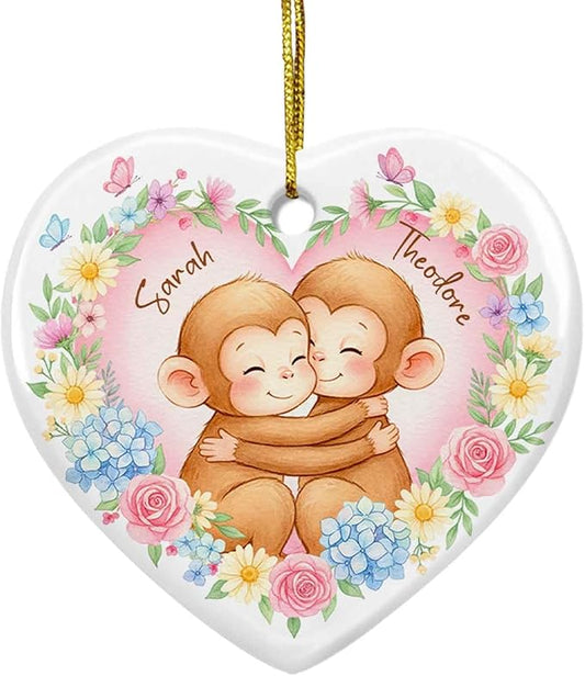 2025 Monkey Ornament Christmas Decoration, Custom Monkey Couple Together Ceramic Ornament with Names, Monkeys Flowers Keepsake for Newlyweds Valentine, Personalized Husband Wife Xmas Ornaments