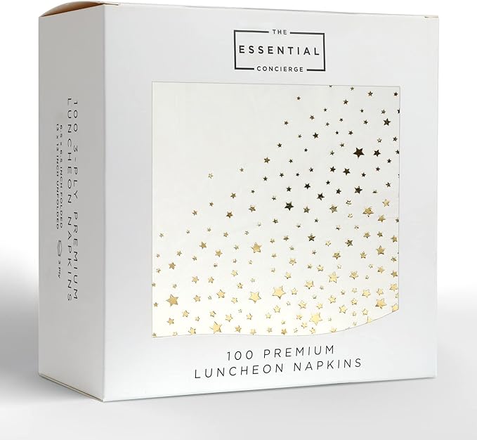 Essential Concierge Stylish 6.5 x 6.5 Inch Gold Napkins - 100 Pack of Gold Star Lunch Add Sparkle to Events with Party Luxury 3-Ply Disposable Paper Wedding for Reception
