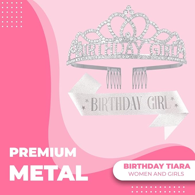 Birthday Tiara and Crown with Sash for Women, Hair Accessories for Wedding Party Costume (A1 - Silver)