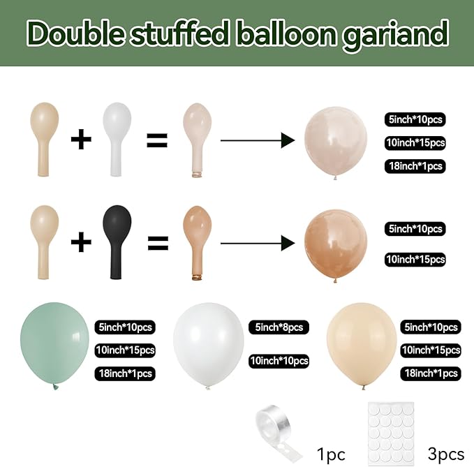 Dusty Green Nude Balloon Arch Kit, Double Stuffed Blush Brown Cream Sand White Balloon Garland Neutral Apricot Matte Latex Balloons for Baby Shower Wedding Birthday Gender Reveal Party Decoration