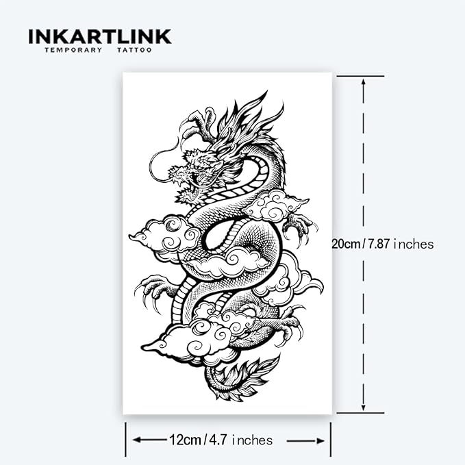 INKARTLINK Tattoo Tech,2 Sheets Extra-Large Semi Permanent Tattoo,Adult Art Design Temporary Tattoos, Lasts 1-2 Weeks, Waterproof, Realistic look, No Adhesive, No reflection (Dragon Design）