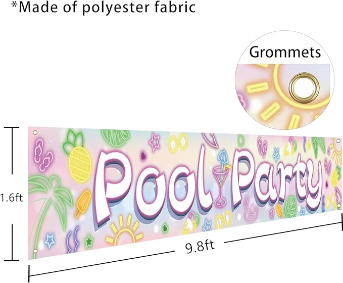 Neon Pool Party Banner - Summer Themed Hawaiian Outdoor Decorations for Baby Shower, Birthday and Swimming Pool Parties(Pool Party Neon)