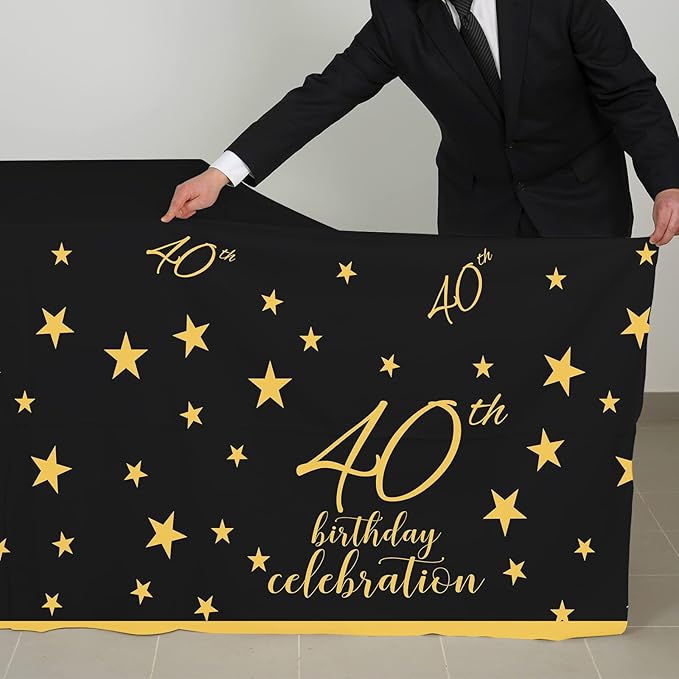 Gatherfun 40th Birthday Disposable Tablecloth 4 Pack Gold and Black Waterproof Plastic Table Cover for Men Woman 40 Birthday Party Decorations