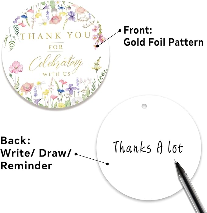 50PCS Thank You Gift Tags, 2x2 inch Pink Floral Personalized Gift Tags with String for Wedding Birthdays Party Favors Baby Shower Bridal Shower