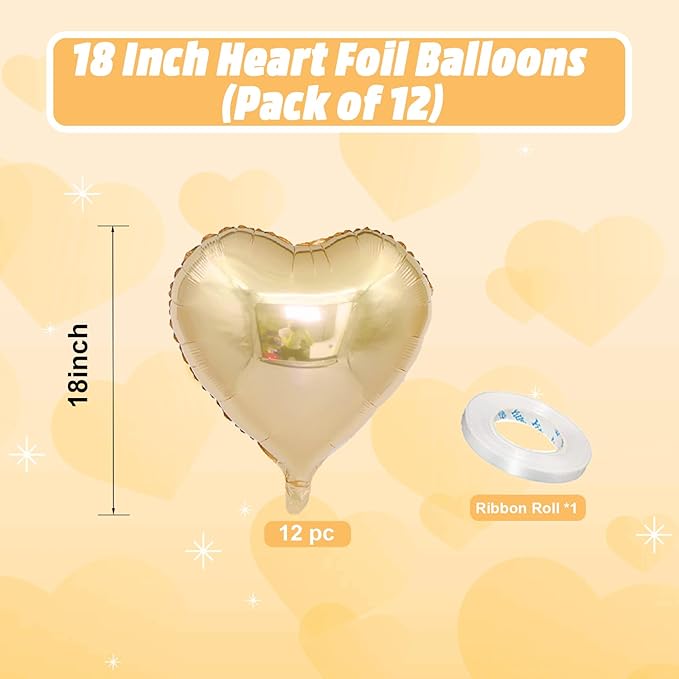 Champagne Gold Heart Balloons, 18 Inch Pastel Gold Heart Shaped Balloon, 12PCS Large Pastel Yellow Helium Foil Love Romantic Balloon for Marriage Wedding Bridal Engagement Party Anniversary Decoration
