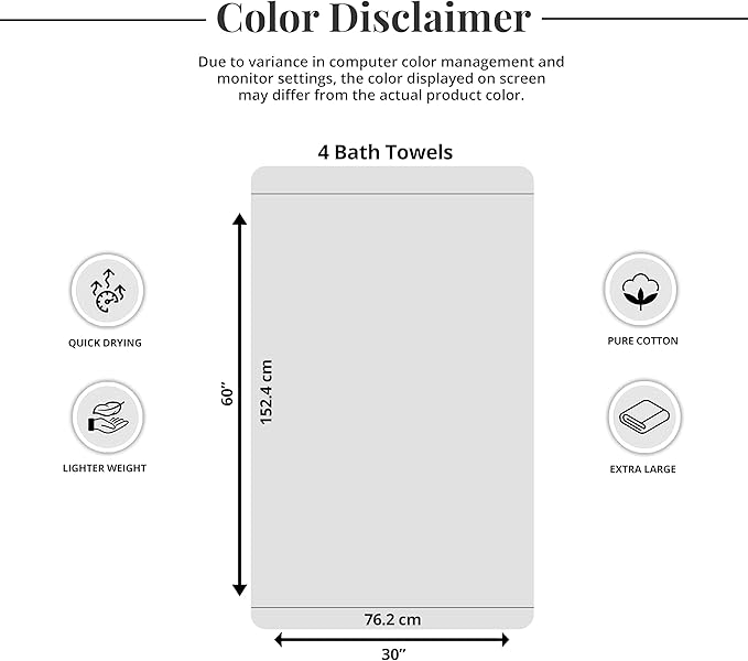 Tens Towels Pack of 4 Extra Large Bath Towels 30 x 60 Inches, 100% Cotton, Larger & Lighter Weight, Quicker to Dry, Super Soft and Absorbent, Perfect for Bathroom, Cream