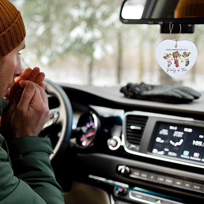 First Christmas as Family of Three Ornament Babys First Christmas Ornament Boy Girl New Parents Gifts for Couple Him Her Husband Wife Family Christmas Heart Ceramic Xmas Tree Ornament Decorations