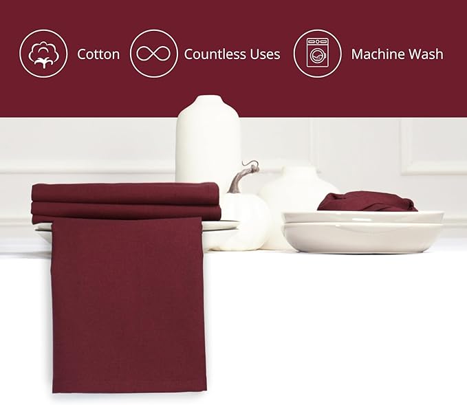 PurpleEssences Set of 6 Cloth Dinner Napkins 100% Cotton 18x18 Inch - Soft Durable Washable - Ideal for Farmhouse Party Christmas Holiday Winter - Perfect Everyday Use Table Linen - Burgundy