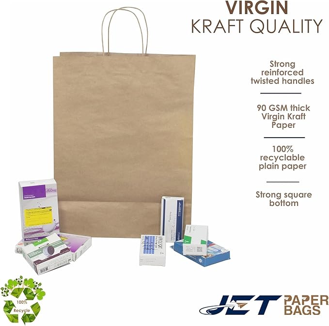 JET PAPER BAGS - Large Brown Paper Bags with Handles 13”x7”x17” Inch [25 Pcs] Prime for Takeout, Grocery, Goody, Retail, Party, Gifts, Weddings