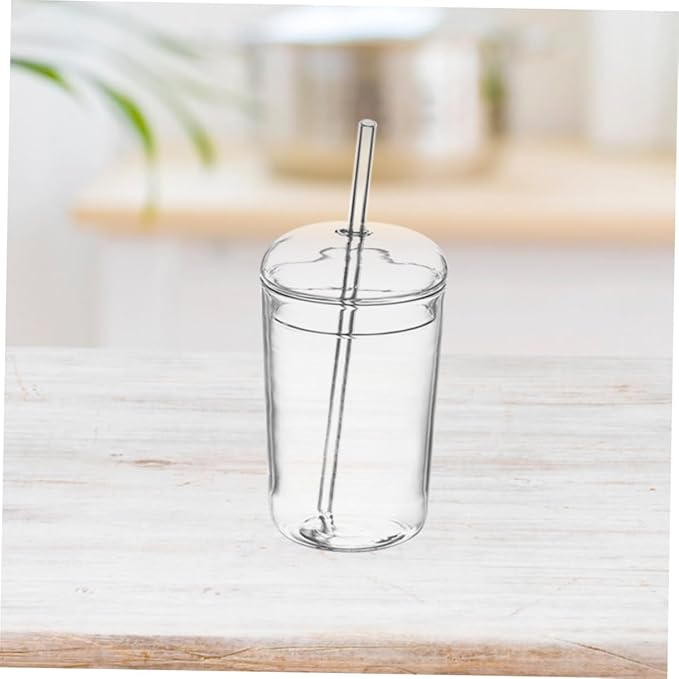 Large Capacity Glass Drinking Mug with Straw Decorative Transparent Juice Cup for Home Office Hotels Smooth Rim Easy to Clean Beverage Container