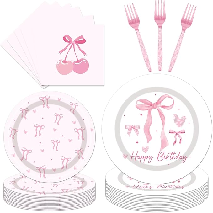 96PCS Pink Bow Plates and Napkins Party Supplies Coquete Birthday Decorations Pink Bow Party Decorations Disposable Bow Themed Tableware Set for Girl Women Serve 24 Guests