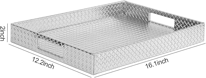 HofferRuffer Rectangle Serving Tray with Hole Handles for Coffee Table, Breakfast, Tea, Food, Butler - Countertop, Kitchen, Vanity Serve Tray, 16.2 x 12.2 x 2 inches, Faux Leather (Silver)