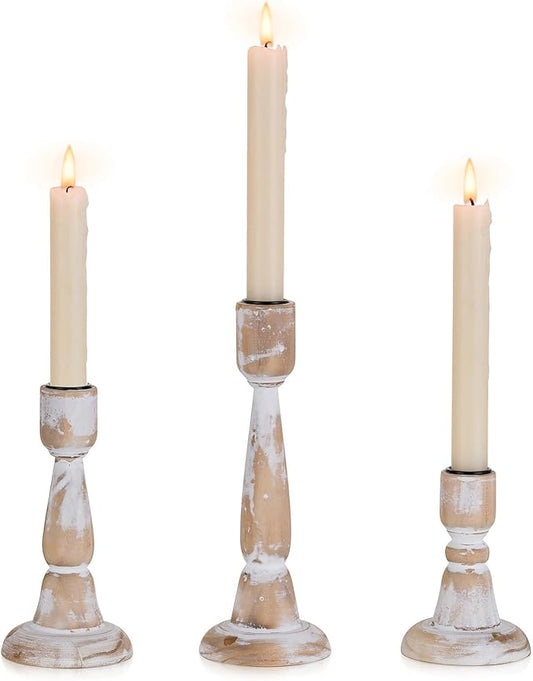 Wooden Taper Candle Holders: Wood Candlestick Holders Rustic Farmhouse Fall Decor for Living Room Dinning Table Centerpiece Christmas Set of 3