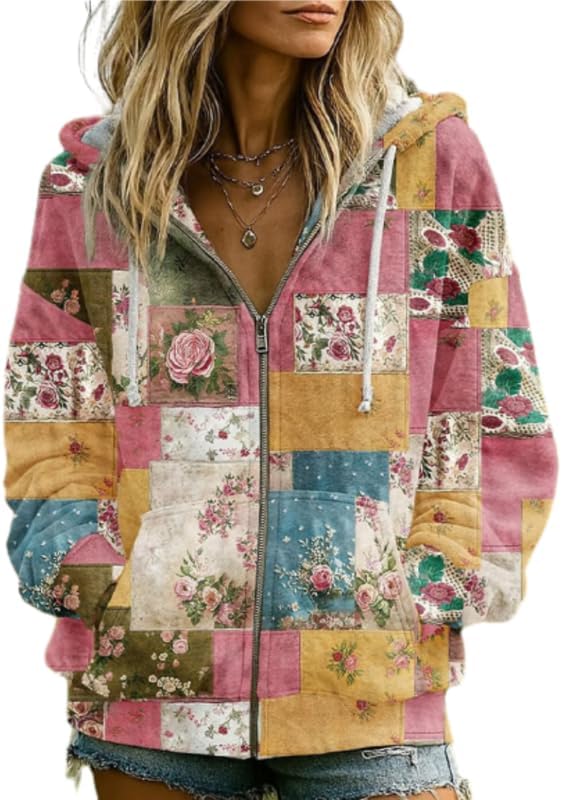 OSCORP Women’s Boho Patchwork Floral Embroidered Hoodie, Vintage Mixed Pullover Sweatshirt with Drawstring for Fall Winter