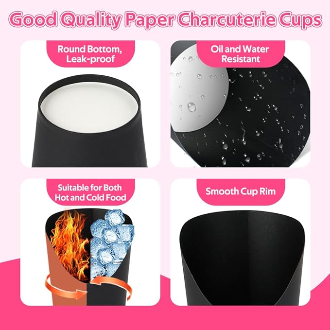 50 Sets 12 oz Charcuterie Cups Black, 100 Picks + 50 Bags + 50 Labels, Disposable Charcuterie Cups with Sticks, Paper Individual Snack Cup Disposable French Fry Cup for Parties, Catering