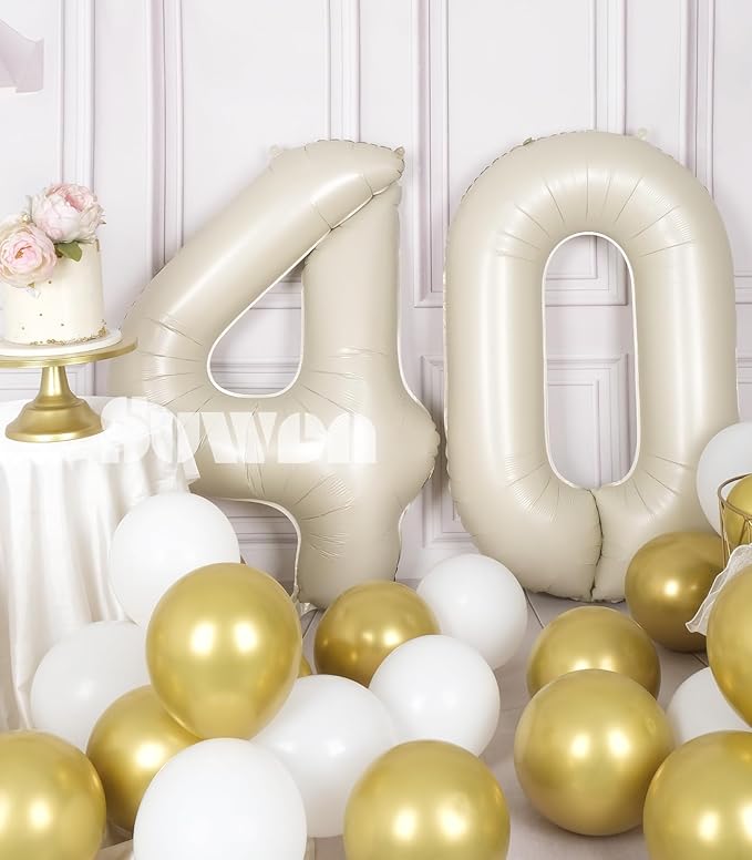 SUWEN 40 Inch Large Cream White 40 Balloon Numbers Big Foil Helium Number Balloons 0-9 Jumbo Happy 40th Mylar Birthday Party Decorations for Women or Men Anniversary Party Supplies