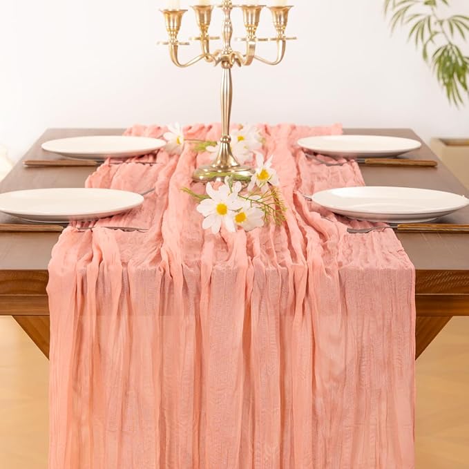 Socomi 3pcs Coral Peach Fall Thanksgiving Cheesecloth Table Runner Boho Rustic Gauze 120 inch 10FT Cheese Cloth Runner for Wedding Party Baby Shower Birthday Home Decor Holiday Decorations