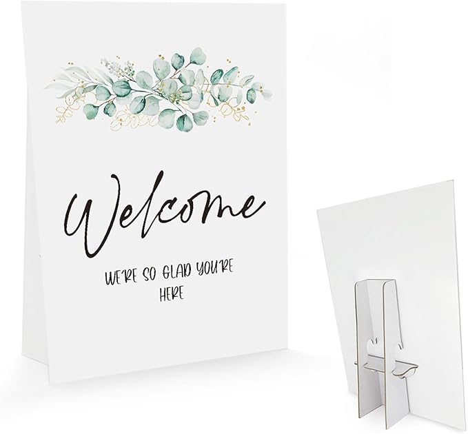 Baby Shower/Bridal Shower/Wedding Welcome Sign - We're So Glad You Are Here, Eucalyptus Greenery Gold Decoration (8 x 11 inch) BBSS12