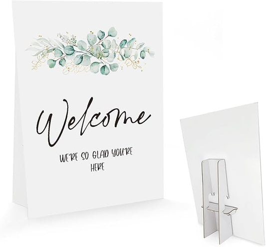 Baby Shower/Bridal Shower/Wedding Welcome Sign - We're So Glad You Are Here, Eucalyptus Greenery Gold Decoration (8 x 11 inch) BBSS12