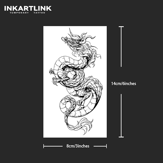 INKARTLINK Tattoo Tech, 2 Sheets Large Semi Permanent Tattoo, Adult Art Design Temporary Tattoos, Lasts 1-2 Weeks, Waterproof, Realistic Look, No Adhesive, No Reflection (Dark Chinese Dragon Design)