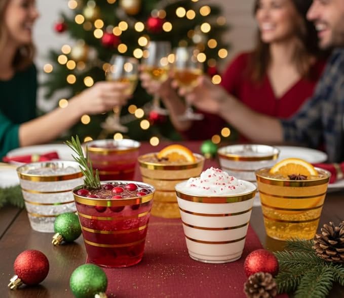Perfect Settings 110 Gold 4 Line Clear Plastic Cups 9oz - Holiday Wedding Party Elegant Trimmed Disposable Cups, 4 Line Gold Party Cups