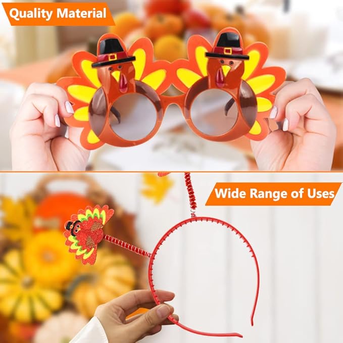 3 Pieces Thanksgiving Turkey Headbands and 3 Pieces Thanksgiving Turkey Sunglasses, 6 Pieces Turkey Eyeglasses Head Boppers Costumes Decoration Props for Thanksgiving Day Party Favor Accessories