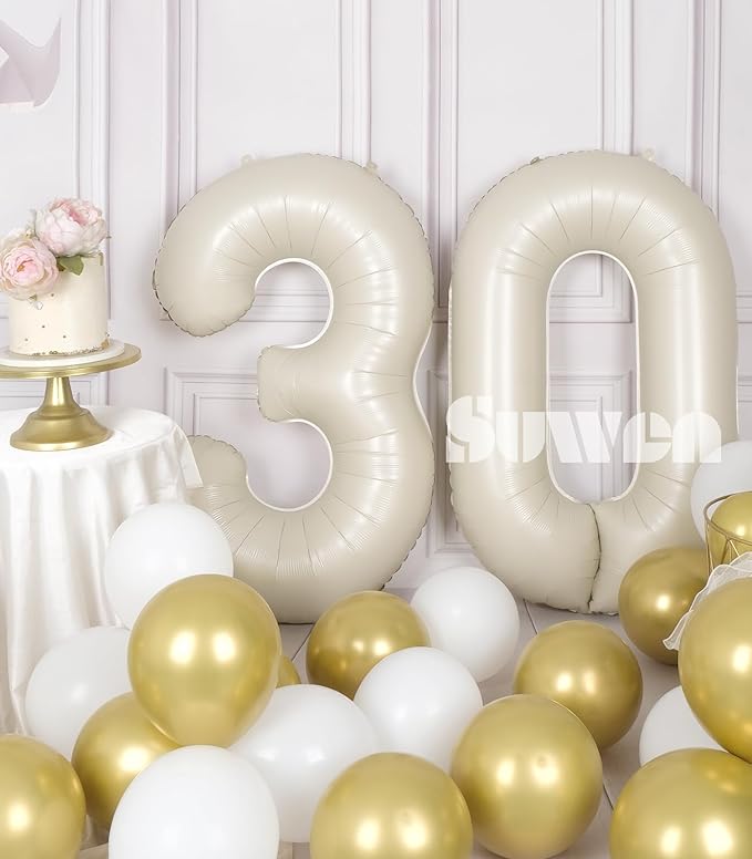 SUWEN 40 Inch Large Cream White 30 Balloon Numbers Big Foil Helium Number Balloons 0-9 Jumbo Happy 30th Mylar Birthday Party Decorations for Women or Men Anniversary Party Supplies