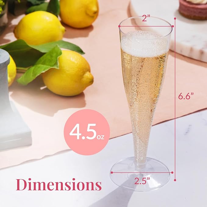 Prestee 100 Pack Clear Plastic Champagne Flutes - 4.5 oz Durable Disposable Champagne Glasses for Parties, Weddings, Toasting and Large Celebrations - Elegant Wine Glasses Stemware for Easy Cleanup