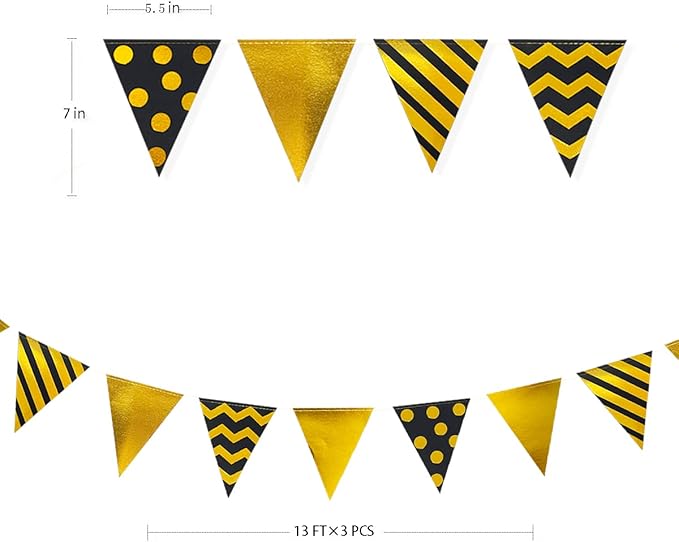 39 Ft Black Gold Triangle Pennant Banner Metallic Foil Polka Dot Stripe Paper Flag Bunting Garland Streamer for Birthday Anniversary Graduation Wedding Bridal Shower Party Decorations Supplies