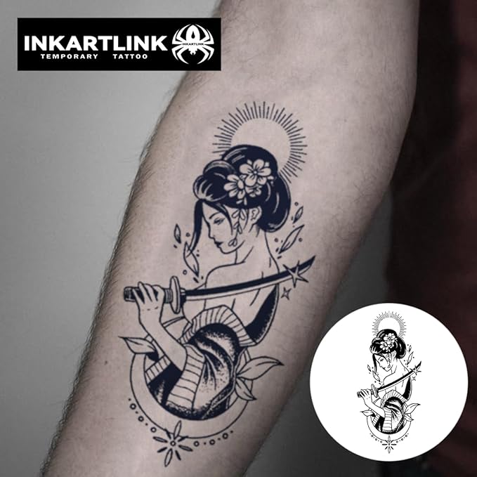 INKARTLINK Tattoo Tech, 2 Sheets Large Semi Permanent Tattoo, Adult Art Design Temporary Tattoos, Lasts 1-2 Weeks, Waterproof, Realistic Look, No Adhesive, No Reflection (Japanese Warrior Girl Design)