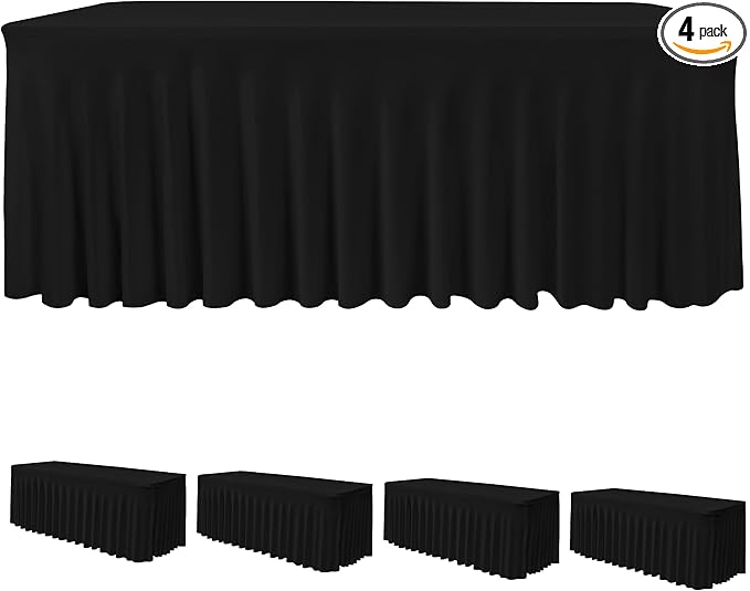 HolidayIdeas Black 4ft Rectangle Spandex Tablecloth 4 Pack Fitted Stretch Table Skirts 24x48 Inch, Ruffle Design Wrinkle-Free Polyester Table Cover for Banquets,Trade Shows, Parties, Events