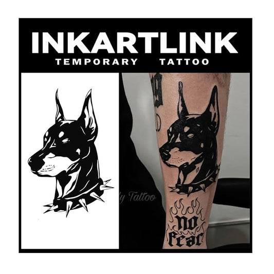 INKARTLINK Tattoo Tech, 2 Sheets Medium Semi Permanent Tattoo, Adult Art Design Temporary Tattoos, Lasts 1-2 Weeks, Waterproof, Realistic Look, No Adhesive, No Reflection (Dog Head Design)