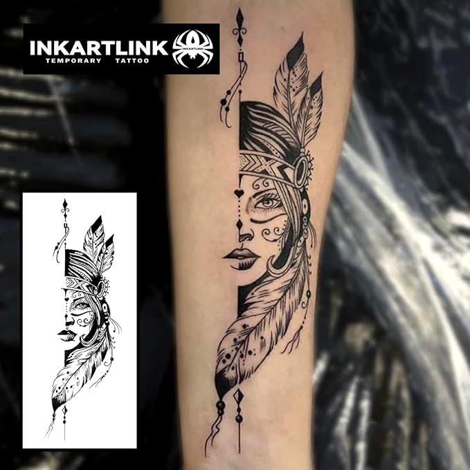 INKARTLINK 2 Sheets large Semi permanent Tattoos, Temporary Tattoos, Adult Art Designs, Waterproof, Realistic, No Adhesive, Non-Reflective, Lasts 1-2 Weeks, Large(Woman Warrior)