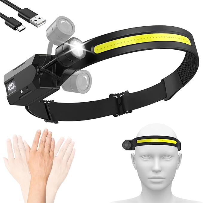 Led Headlamp (1 Pack), Rotate & Removable Flashlight and COB LED Head Lamp, 230° COB Super Bright Forehead Light, Motion Sensor 2 Light Source Headlamp for Job Site, Running, Camping Essentials Gear
