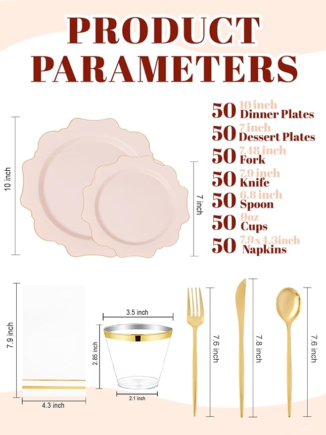 WDF 350Pcs Pink Plastic Plates - Pink and Gold Disposable Plates 50Guest Plastic Dinnerware for Baby Shower/Birthday/Wedding