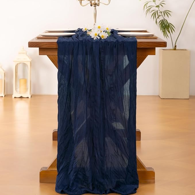 Socomi 6pcs Navy Blue Fall Thanksgiving Cheesecloth Table Runner Boho Rustic Gauze 120 inch 10FT Cheese Cloth Runner for Wedding Party Baby Shower Birthday Home Decor Holiday Decorations