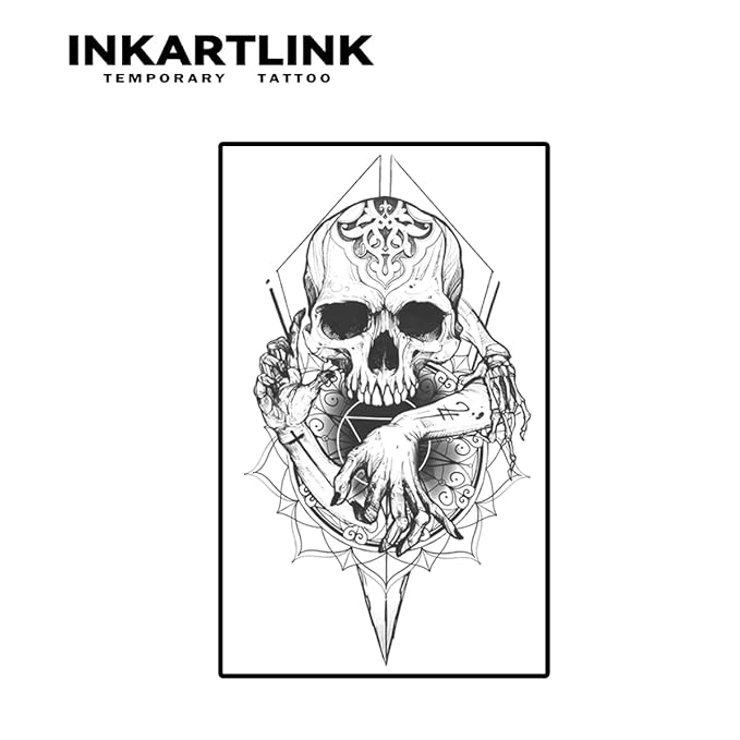 INKARTLINK Temporary Tattoos, Semi Permanent Tattoo Adult Art Design Waterproof Temp Tattoo Party Favors Tattoo Stickers Realistic Look, No Adhesive, Lasts 1-2 Weeks Black (Skull Compass)