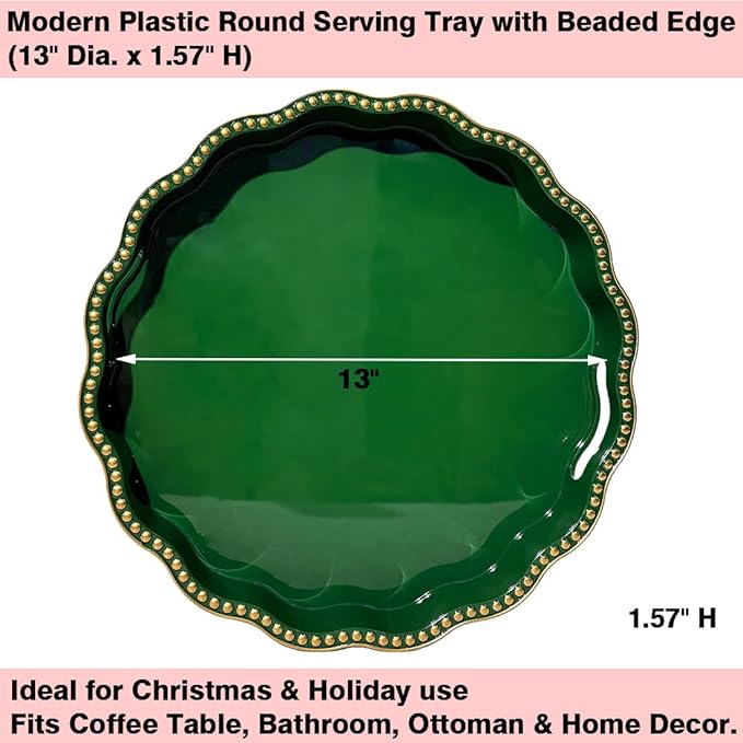 Green Decorative Tray for Coffee Table, Wavy Scallop Beaded Plastic Serving Tray forKitchen Counter, Ottoman, Living Room, (13")