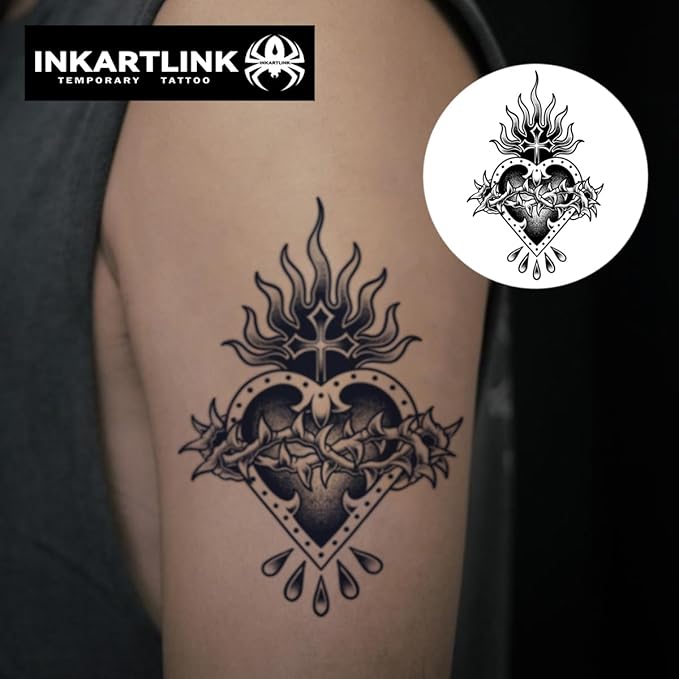 INKARTLINK Tattoo Tech, 2 Sheets Medium Semi Permanent Tattoo, Adult Art Design Temporary Tattoos, Lasts 1-2 Weeks, Waterproof, Realistic Look, No Reflection (Thorned Sacred Heart)