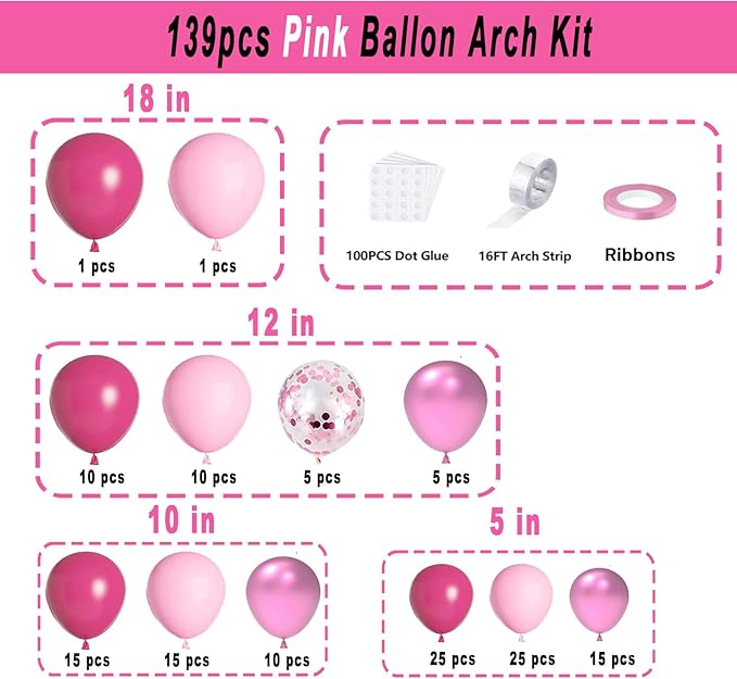 Pink Balloon Garland Arch Kit,139pcs Hot Pink Pastel Metallic Confetti Balloons for Wedding Bridal Birthday Princess Baby Shower Party Decorations