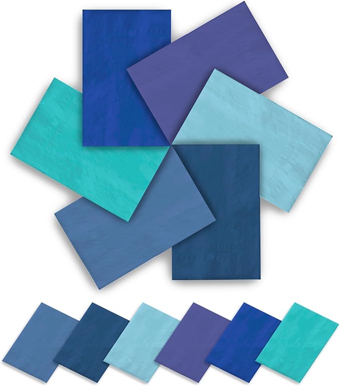 qiqee Blue series 6 ColorsDinner Paper Napkins Guest Disposable Hand Paper Towels for Birthday, Wedding, Party Cocktail, Lunch, Dessert, Kitchen（192 Count, 13 * 16inch）