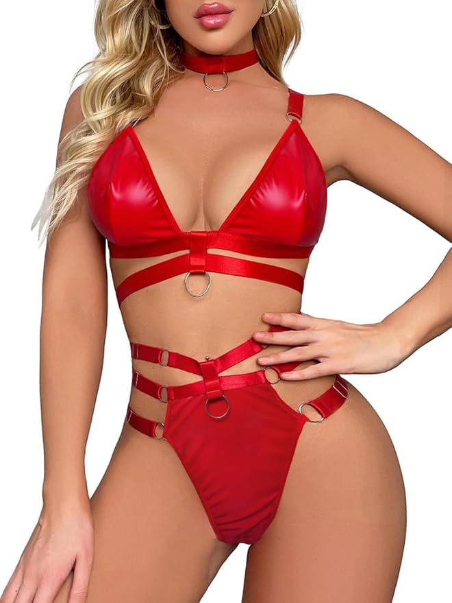 Lilosy Sexy Wireless Choker O Ring Linked Strappy Harness Lingerie Set Outfits 3 Piece