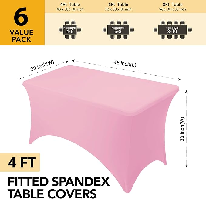6-Pack Premium Pink Spandex Tablecloths for 4ft Rectangle Tables, Stain & Wrinkle-Resistant, Washable Stretch Polyester Fitted Table Cover for Weddings, Banquets, Trade Shows Events