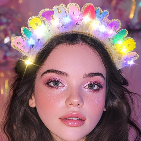 Light Up Birthday Girl Headbands LED Pink Birthday Crown Headpiece Glitter Party Hair Accessories for Women (Gold, One Size)