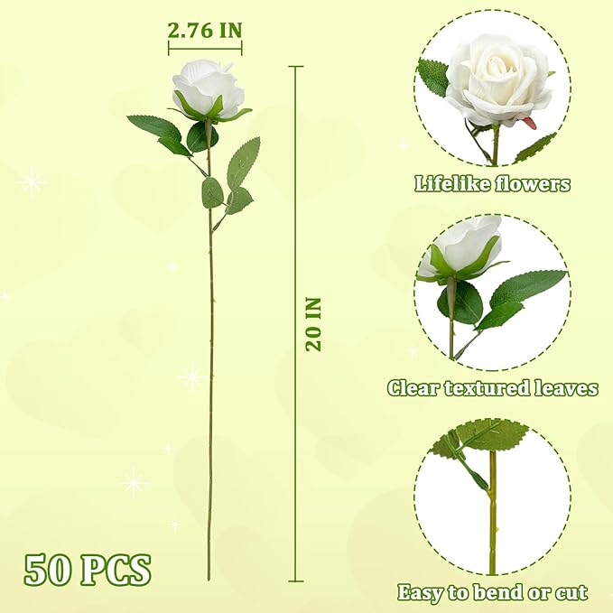 Bulk Artificial Flowers 50 PCS, Fake Velvet Silk White Roses with Long Stems Realistic Bouquet for Wedding Centerpieces, Faux Arrangement for Home Table Decor