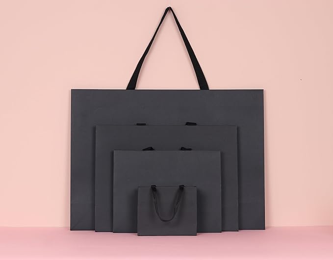 16pcs 6.3x2.4x5.1" (1) Small Size, Black Paper Bags with Black Cotton Handles, Thick Sturdy Durable Gift bags