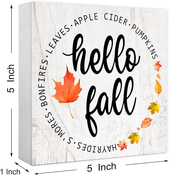 Hello Fall Maple Leaves Wood Box Sign Funny Autumn Wooden Block Desk Decor for Home Office Kitchen Cubicle Table Shelf Tabletop,Farmhouse Fall Sign Decor