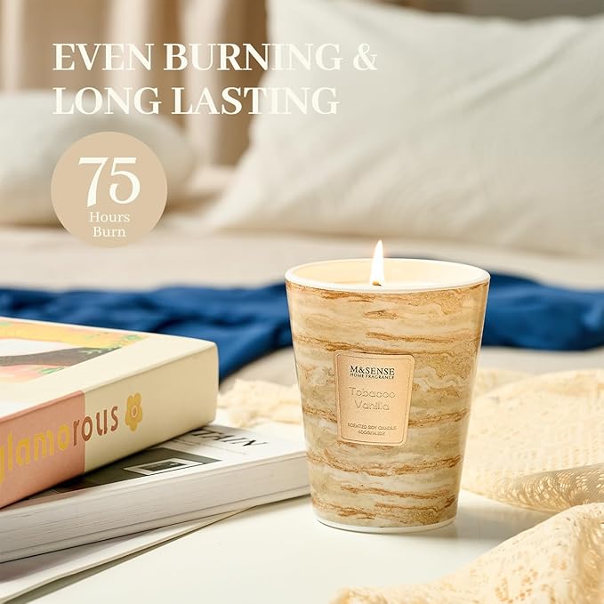 M&SENSE Tobacco Vanilla Scented Candles for Home, 3 Wick Highly Scented Jar Candle, 14.1 Oz 80H Long Lasting Burning Christmas Candle for Women, Aromatherapy Candles for Holiday Christmas Gift