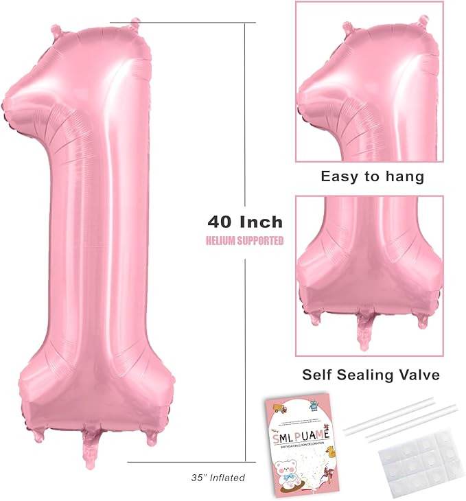 Smlpuame Pastel Pink 3 Balloons, 40 Inch Large Light Pink Foil Number Balloons 0-10, Self-Sealing 3rd Birthday Balloon for Girls Women Anniversary Baby Shower Princess Party Decorations Supplies