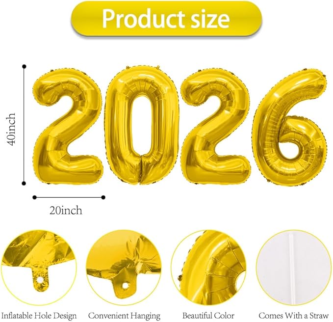 2026 Balloons, Number Balloons 2026 Balloon Numbers, 40 Inch Foil Number Balloon for New Year Eve Festival Christmas Birthday Wedding Anniversary Party Supplies, New Years Decorations Gold